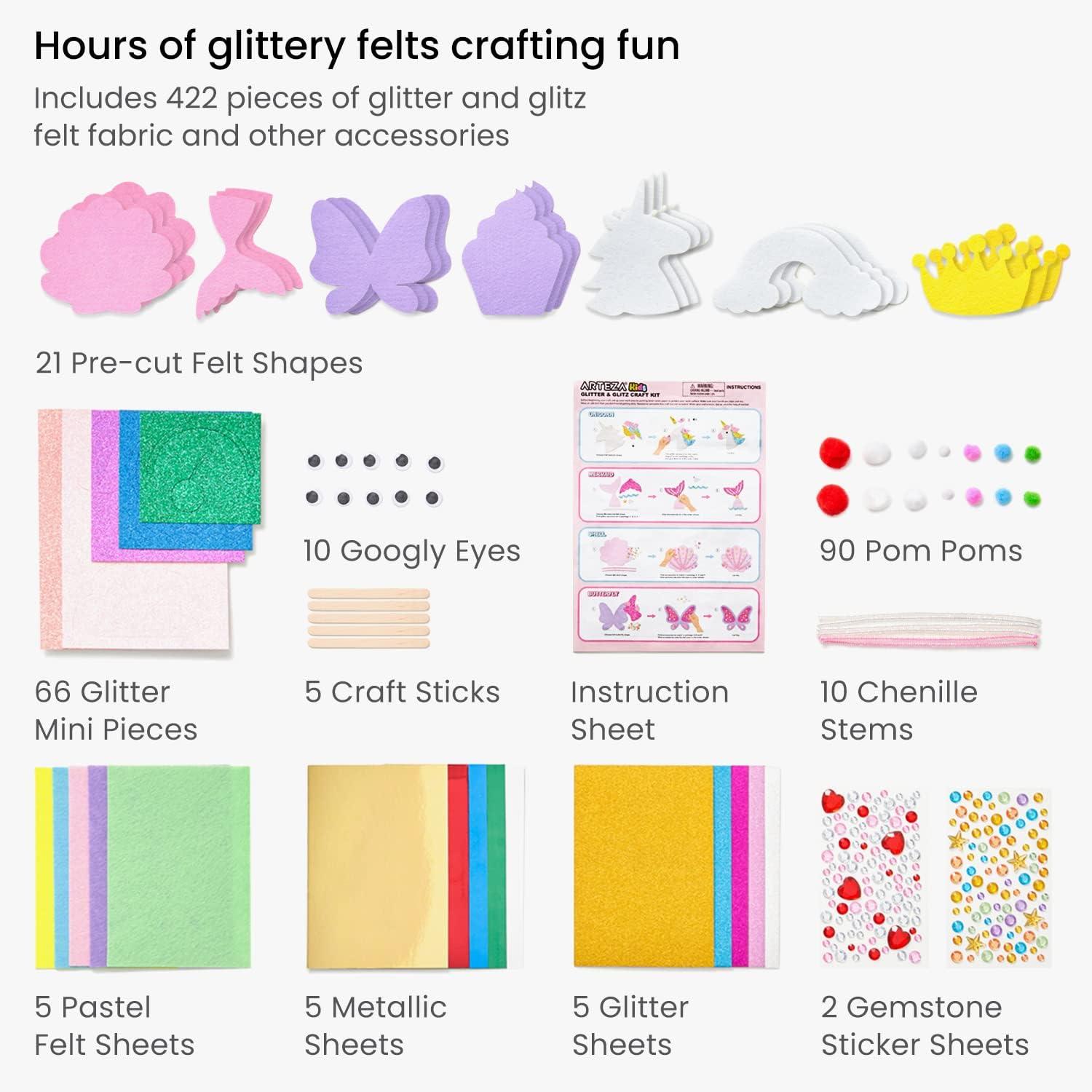 imageArteza Kids Felt Kit 422 Pieces 21 PreCut Glitter ampamp Glitz Shapes Assorted Felt Sheets Glitter MiniPieces Chenille Stems and Accessories Educational Kids Craft Supplies to Inspire Creativity422 Pieces