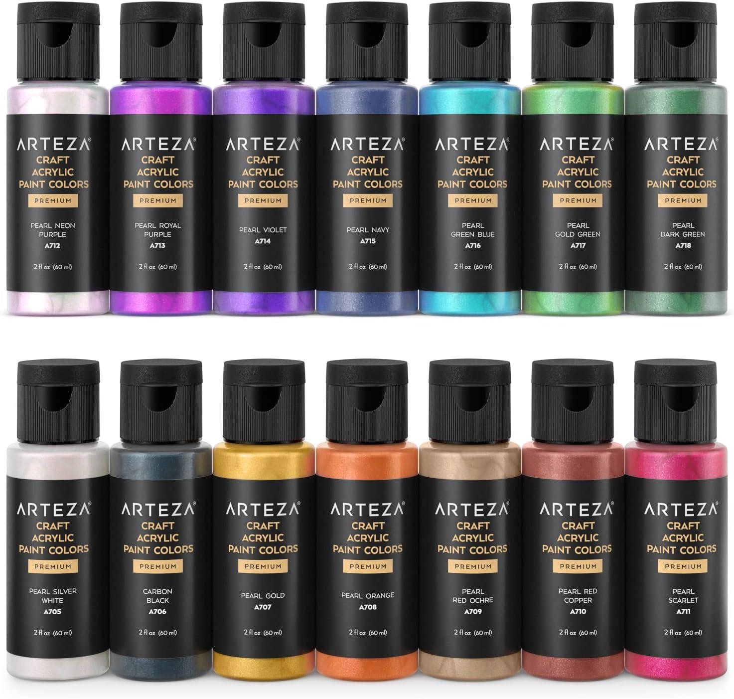 imageArteza Pearlescent Acrylic Paint Set of 14 2 fl oz Bottles QuickDrying Pearl Craft Paint Art Supplies for Paper Canvas Wood Glass Paper