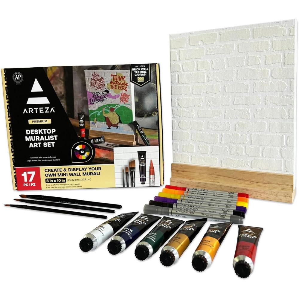 imageARTEZA Desktop Muralist Art Set 17Piece Graffiti Painting Kit with Brick Canvas Acrylic Paint Markers ampamp Brushes Art Gift for Teens ampamp Adults