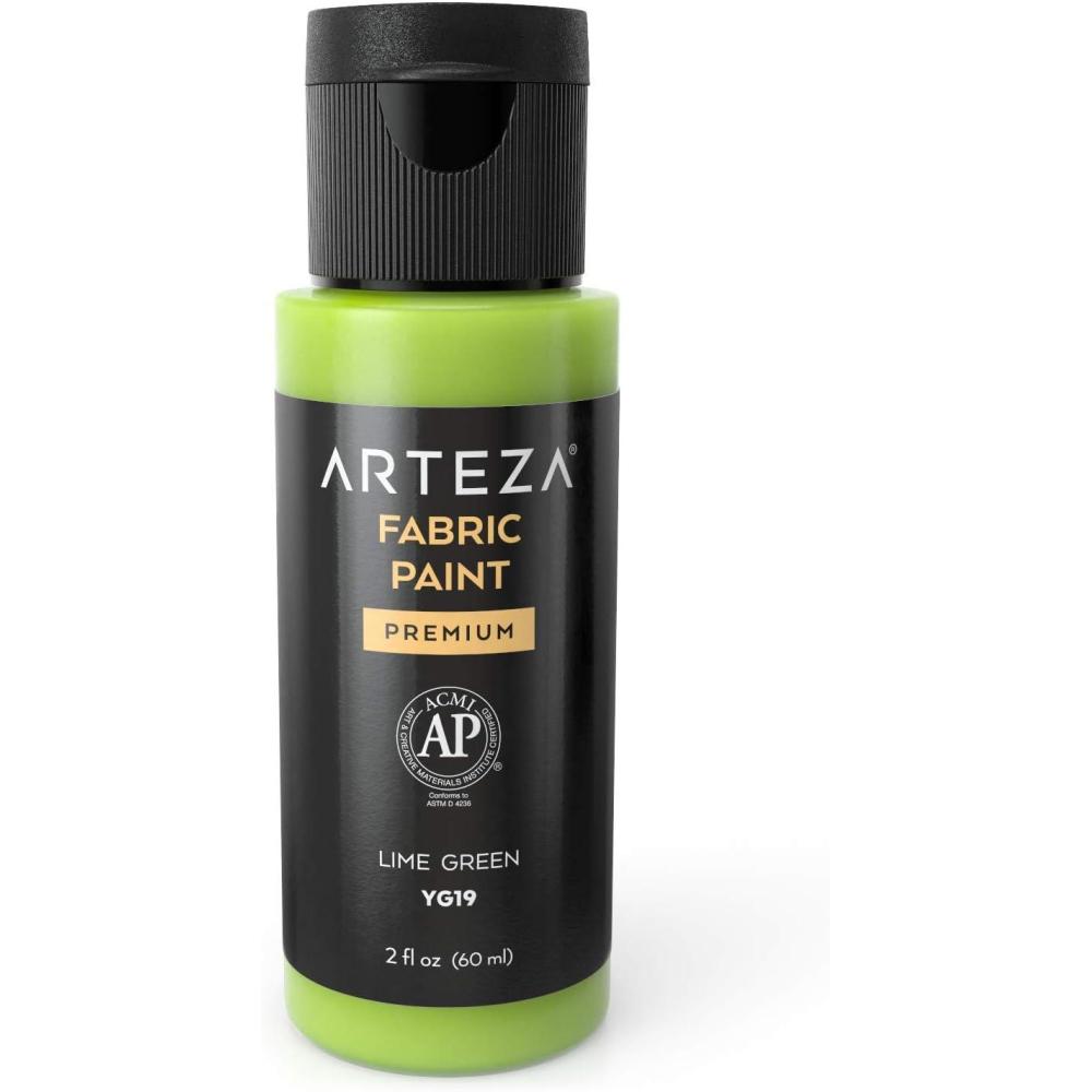 imageARTEZA Fabric Paint Set of 60 Permanent 3D Paint Permanent Paint for Decorating TShirts Ceramics Textiles and Glass MetallicYg19 Lime Green
