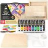 ARTEZA Wood Painting Set with Acrylic Paint, Foam Paint Brushes for Acrylic Painting, Stencils, Wood Canvas Cradle Art Boards & Painter’s Tape, Experience Box for Home Decor, Painting & Drawing