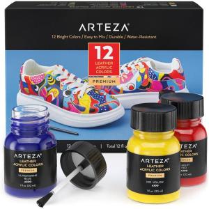 ARTEZA Acrylic Leather Paint, Set of 12, 1 fl oz Bottles, Water-Resistant Fabric Paint for Shoes, Art Supplies for Painting Furniture, Clothes, Belts, Wallets, and Bags