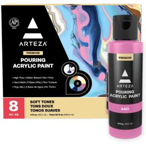 ARTEZA Acrylic Pouring Paint Set, 8 Rainbow Colors, 4 oz Bottles, High-Flow Paint, No Mixing Needed, Art Supplies for Canvas, Glass, Paper, Wood, Tile, and Stones(Pastel Colors)