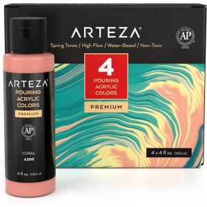 ARTEZA Acrylic Pouring Paint Set, 8 Rainbow Colors, 4 oz Bottles, High-Flow Paint, No Mixing Needed, Art Supplies for Canvas, Glass, Paper, Wood, Tile, and Stones(Spring Colors)
