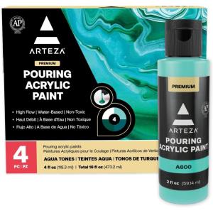 ARTEZA Acrylic Pouring Paint Set, 8 Rainbow Colors, 4 oz Bottles, High-Flow Paint, No Mixing Needed, Art Supplies for Canvas, Glass, Paper, Wood, Tile, and Stones(Aqua Tones)