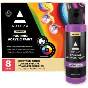 ARTEZA Acrylic Pouring Paint Set, 8 Rainbow Colors, 4 oz Bottles, High-Flow Paint, No Mixing Needed, Art Supplies for Canvas, Glass, Paper, Wood, Tile, and Stones(Rainbow Colors)