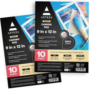 ARTEZA Canvas Pad 9×12 Inches Pack of 1 – 10 Glue-Bound Sheets of Pre-Primed Canvas Paper for Acrylic, Oil and Mixed Media Painting(9 x 12 (Pack of 20))