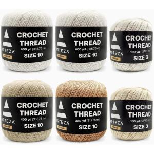 ARTEZA Crochet Thread Set of Black, Gray, Blue & Red of 100% Cotton Yarn for Crocheting, Mercerized, Soft and Colorful Knitting(Size 10 in White  Beige & Natural – Size 3 in White & Natural)