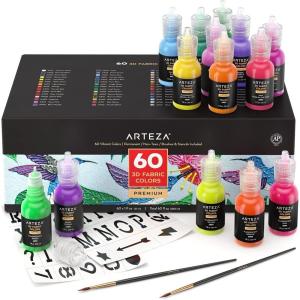 ARTEZA Fabric Paint, Set of 60, Permanent 3D Paint, Permanent Paint for Decorating T-Shirts, Ceramics, Textiles, and Glass Metallic(Metallic)