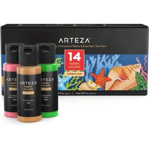 ARTEZA Fabric Paint, Set of 60, Permanent 3D Paint, Permanent Paint for Decorating T-Shirts, Ceramics, Textiles, and Glass Metallic(Multicolored)