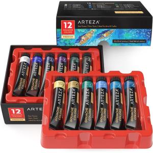 ARTEZA Gouache Paint, 12 Colors, Sea Tones, 0.4 US fl oz Tubes, Opaque Water-Based Paint for Canvas and Paper, Art Supplies for Professionals, Students