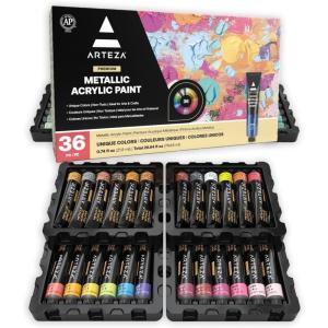 ARTEZA Metallic Acrylic Paint Set of 12 Colors, 0.74 ounce Tubes Non Toxic Artist Paints for Hobby Painters, Art Supplies for Canvas Painting(Metallic Colors)