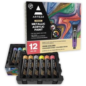 ARTEZA Metallic Acrylic Paint Set of 12 Colors, 0.74 ounce Tubes Non Toxic Artist Paints for Hobby Painters, Art Supplies for Canvas Painting(Multicolor)