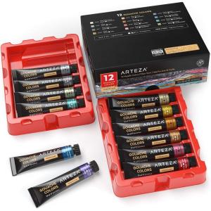 ARTEZA Metallic Gouache Paint, Set of 12, 12ml/0.4 US fl oz Gouache Paint Tubes, Glitter Paint for Canvas and Paper(0.4 Fl Oz (Pack of 12))