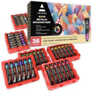 ARTEZA Metallic Gouache Paint, Set of 12, 12ml/0.4 US fl oz Gouache Paint Tubes, Glitter Paint for Canvas and Paper(0.4 Fl Oz (Pack of 36))