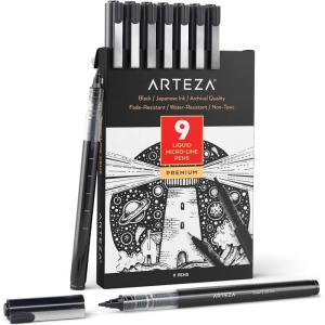 ARTEZA Micro-Line Ink Pens, Set of 9, Black Fineliners with Japanese Archival Ink, Art Supplies for Comic Artists and Illustrators(1 Count (Pack of 9))