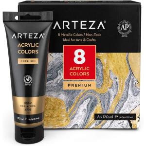 ARTEZA Pastel Acrylic Paint, Set of 8, Metallic Tones, 4.06 fl oz Tubes, High Viscosity Water-Based Paint, Glossy Finish, Art Supplies for Painting Paper, Canvas, Wood and Fabric, and DIY Projects(8 x 120ml (4.06 fl oz) Metallic)
