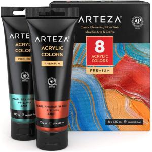 ARTEZA Pastel Acrylic Paint, Set of 8, Metallic Tones, 4.06 fl oz Tubes, High Viscosity Water-Based Paint, Glossy Finish, Art Supplies for Painting Paper, Canvas, Wood and Fabric, and DIY Projects(8 x 120ml (4.06 fl oz) Classic Elements)