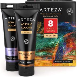 ARTEZA Pastel Acrylic Paint, Set of 8, Metallic Tones, 4.06 fl oz Tubes, High Viscosity Water-Based Paint, Glossy Finish, Art Supplies for Painting Paper, Canvas, Wood and Fabric, and DIY Projects(8 x 120ml (4.06 fl oz) Vibrant Essentials)