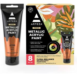 ARTEZA Pastel Acrylic Paint, Set of 8, Metallic Tones, 4.06 fl oz Tubes, High Viscosity Water-Based Paint, Glossy Finish, Art Supplies for Painting Paper, Canvas, Wood and Fabric, and DIY Projects(8 x 120ml (4.06 fl oz) Floral Brilliance)