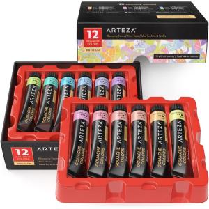 Arteza Gouache Paint, 12 Colors, Pastel Tones, 0.4 US fl oz Tubes, Opaque Water-Based Paint for Canvas and Paper, Art Supplies for Professionals, Students