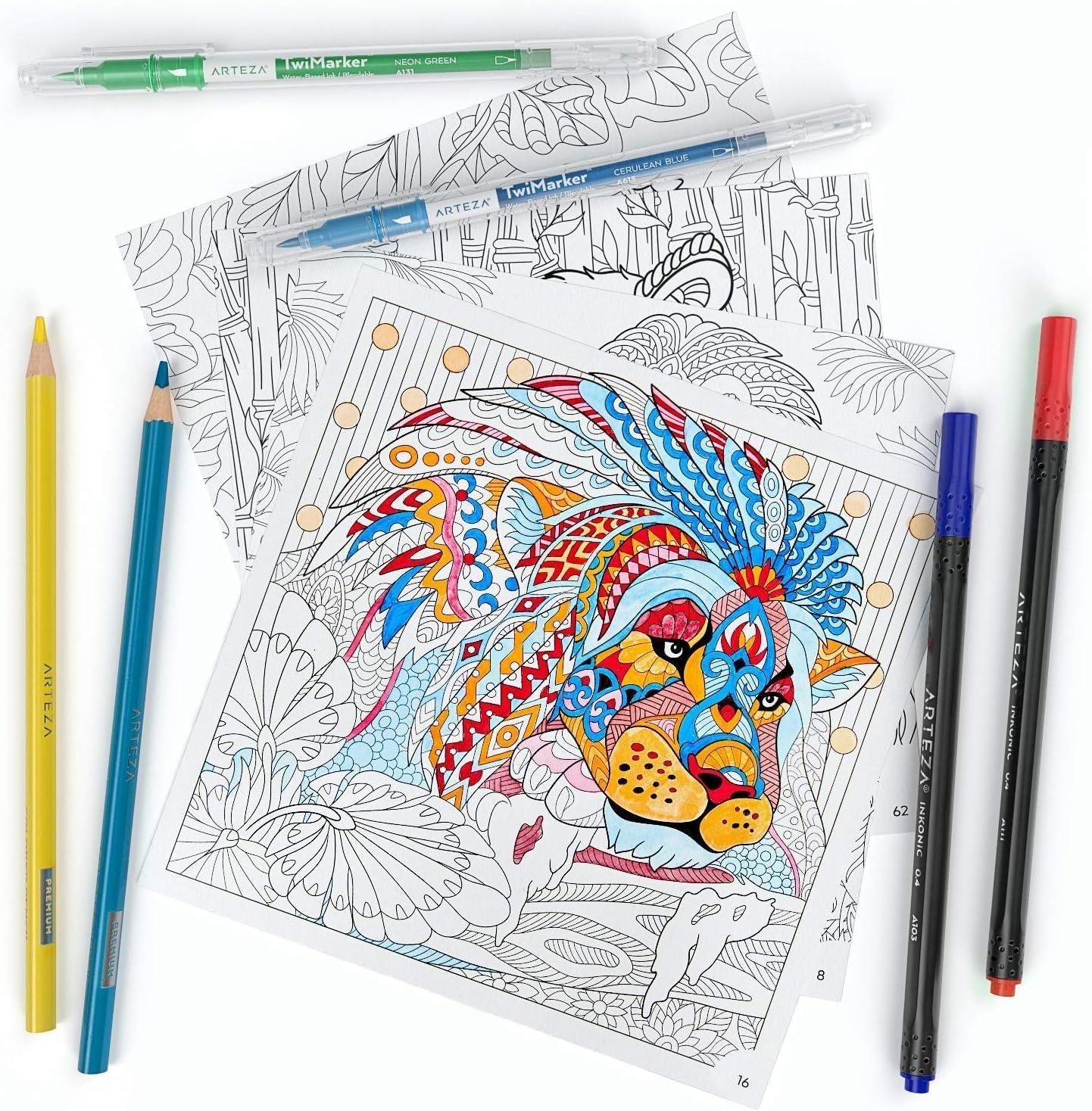 imageARTEZA Adult Coloring Book Mandala Designs 72 Sheets 64x64 Inches Coloring Pages 100 lb PaperAnimal Doodle Designs