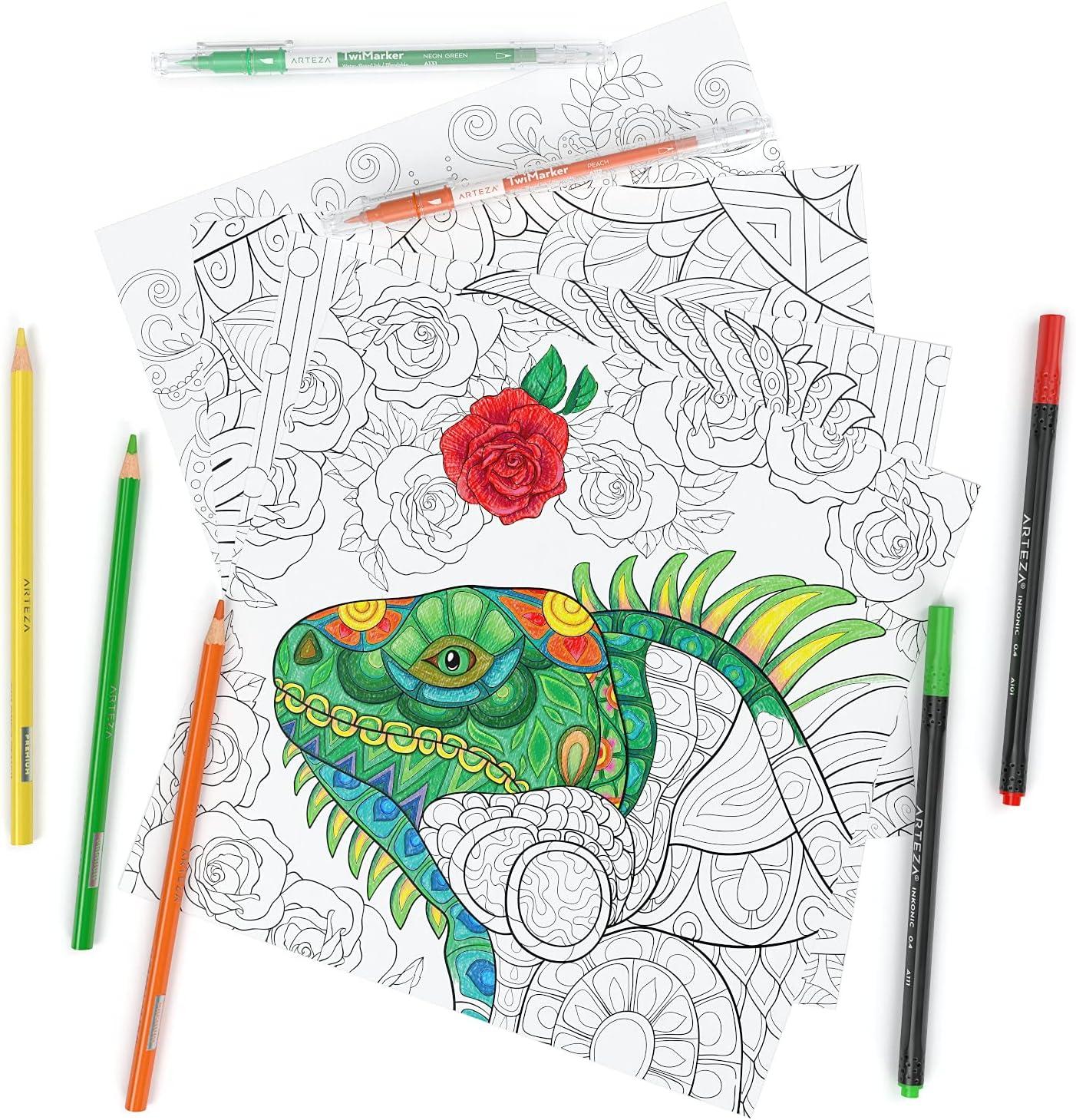 imageARTEZA Adult Coloring Book Mandala Designs 72 Sheets 64x64 Inches Coloring Pages 100 lb PaperAnimal Designs