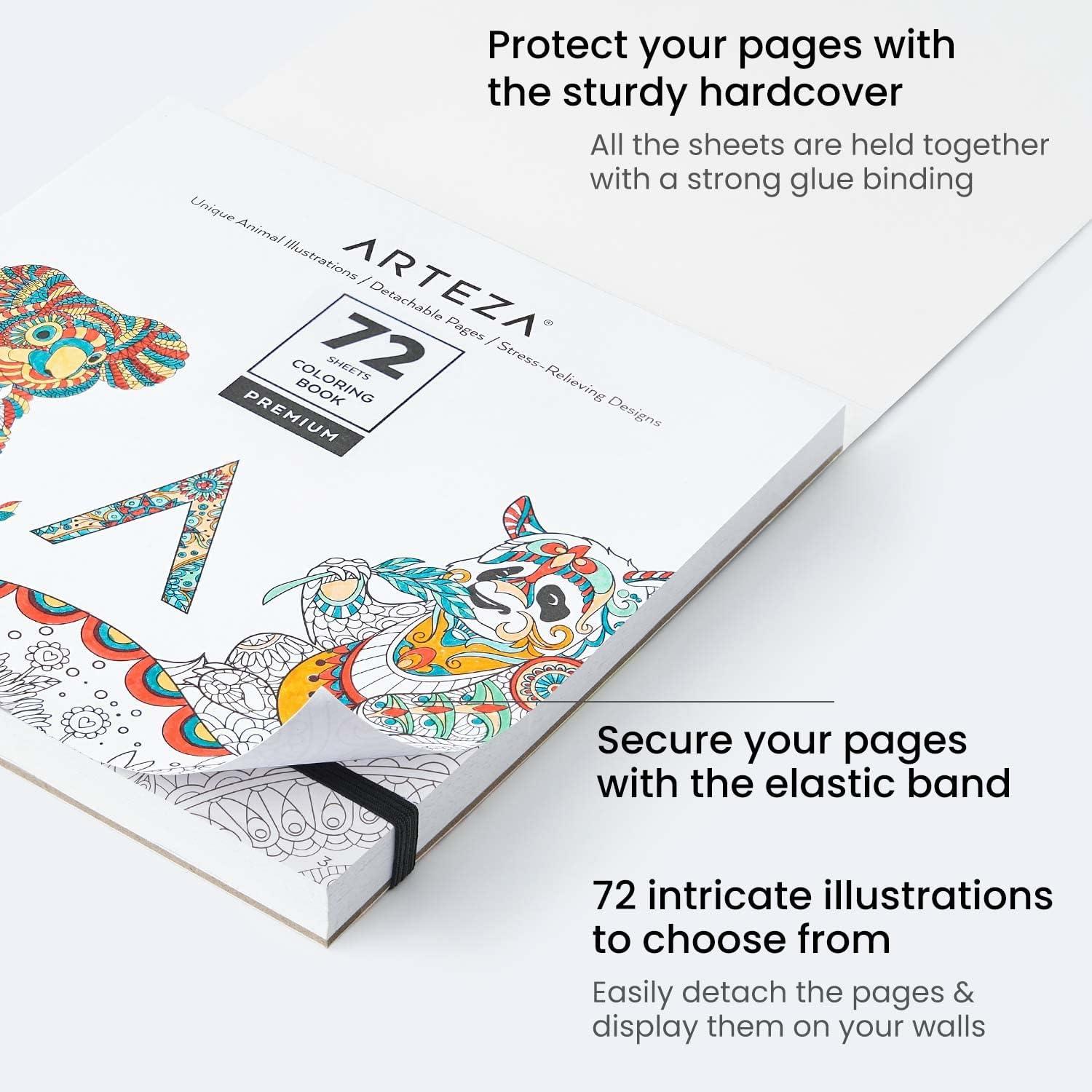 imageARTEZA Adult Coloring Book Mandala Designs 72 Sheets 64x64 Inches Coloring Pages 100 lb PaperAnimal Designs