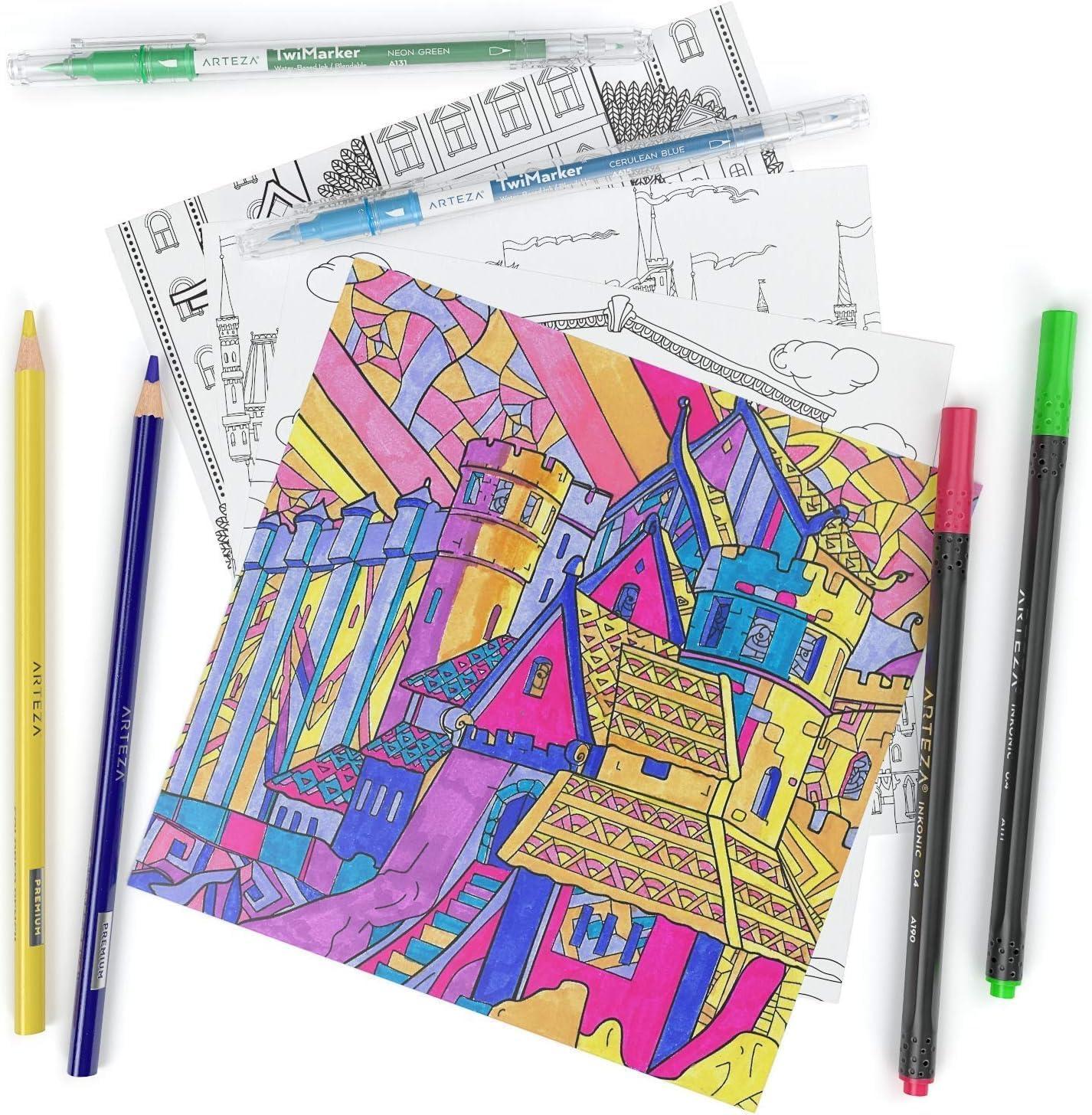 imageARTEZA Adult Coloring Book Mandala Designs 72 Sheets 64x64 Inches Coloring Pages 100 lb PaperArchitecture Designs