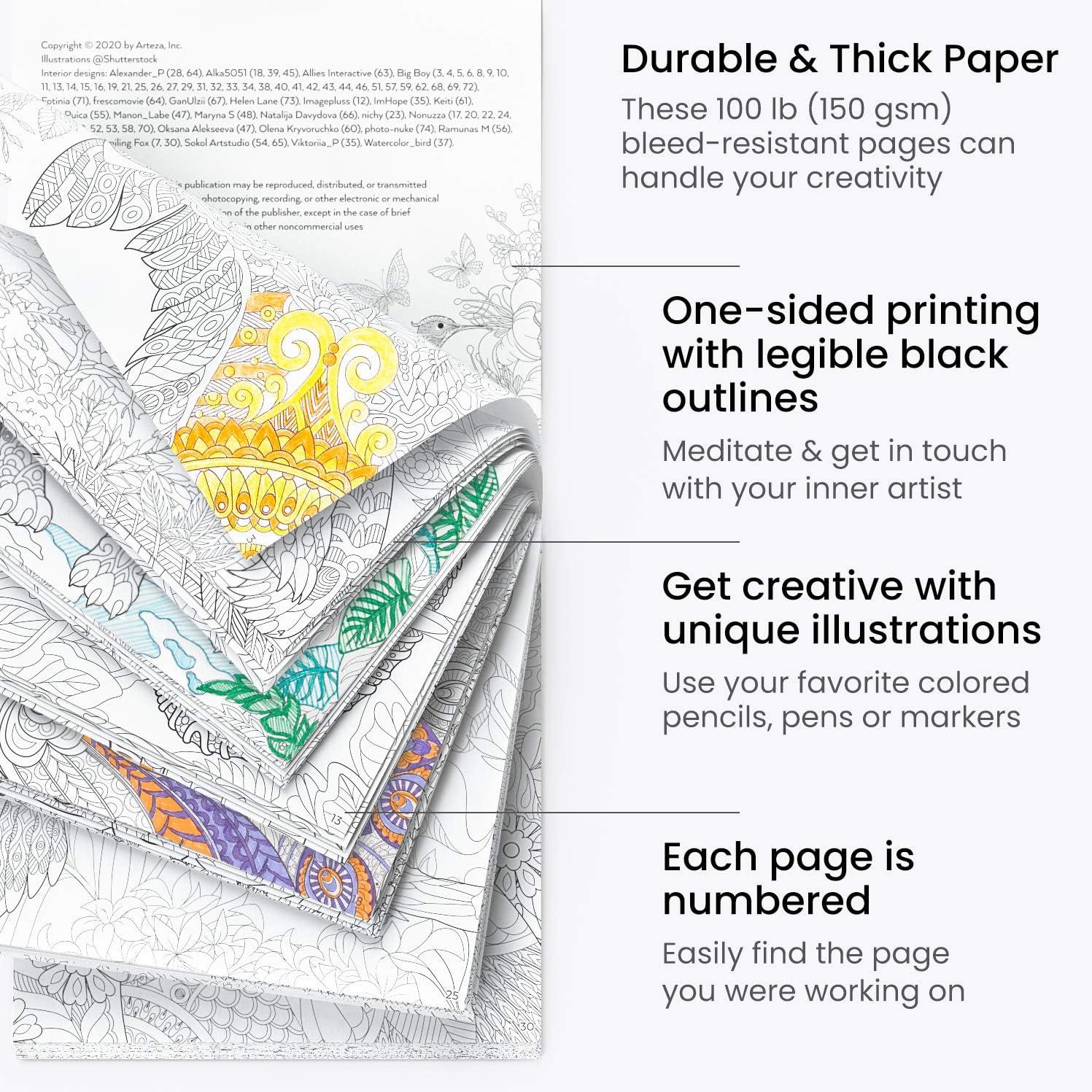 imageARTEZA Adult Coloring Book Mandala Designs 72 Sheets 64x64 Inches Coloring Pages 100 lb PaperDoodle and Animal Designs