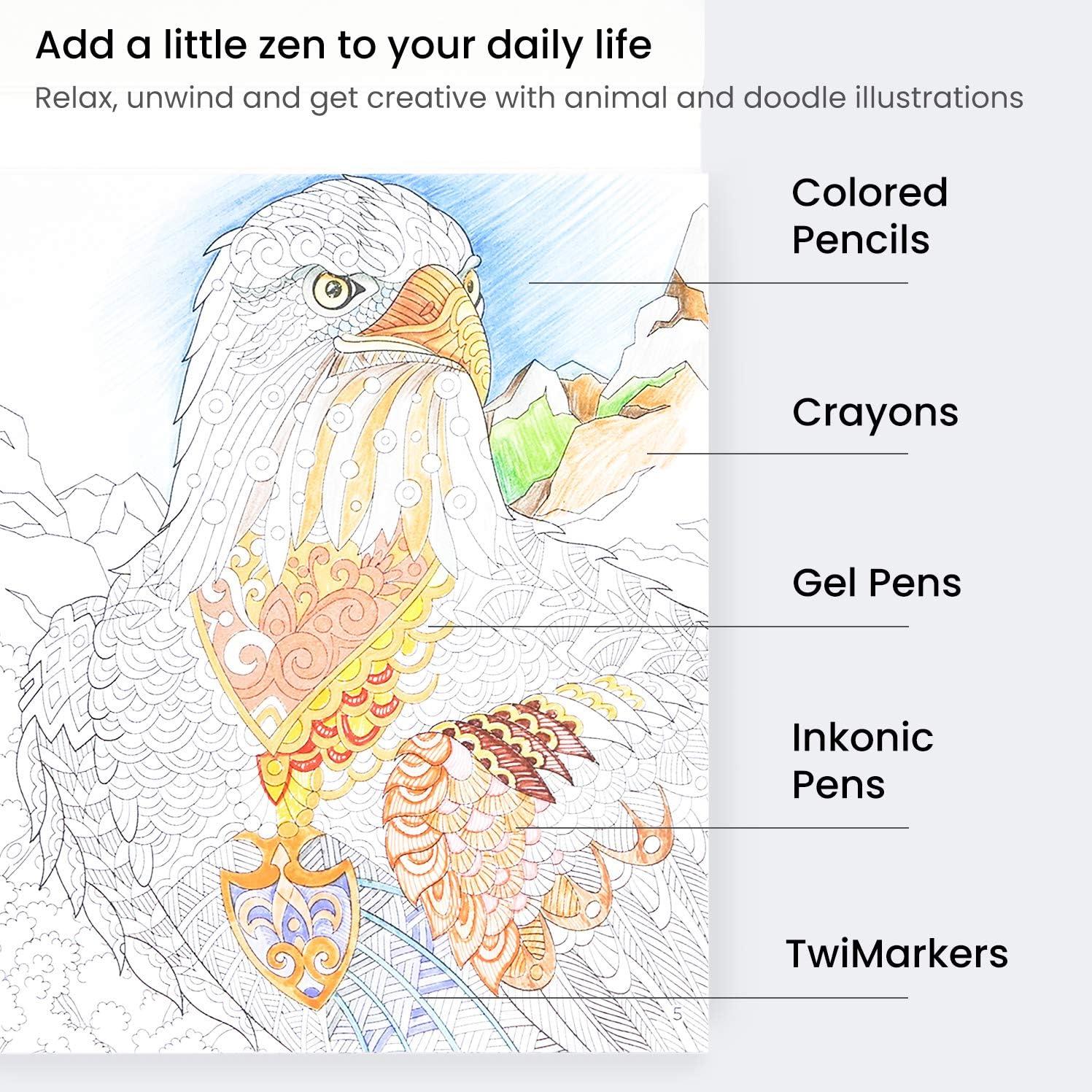imageARTEZA Adult Coloring Book Mandala Designs 72 Sheets 64x64 Inches Coloring Pages 100 lb PaperDoodle and Animal Designs