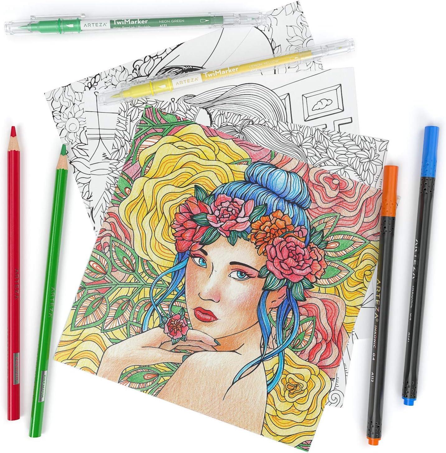 imageARTEZA Adult Coloring Book Mandala Designs 72 Sheets 64x64 Inches Coloring Pages 100 lb PaperPortrait Designs