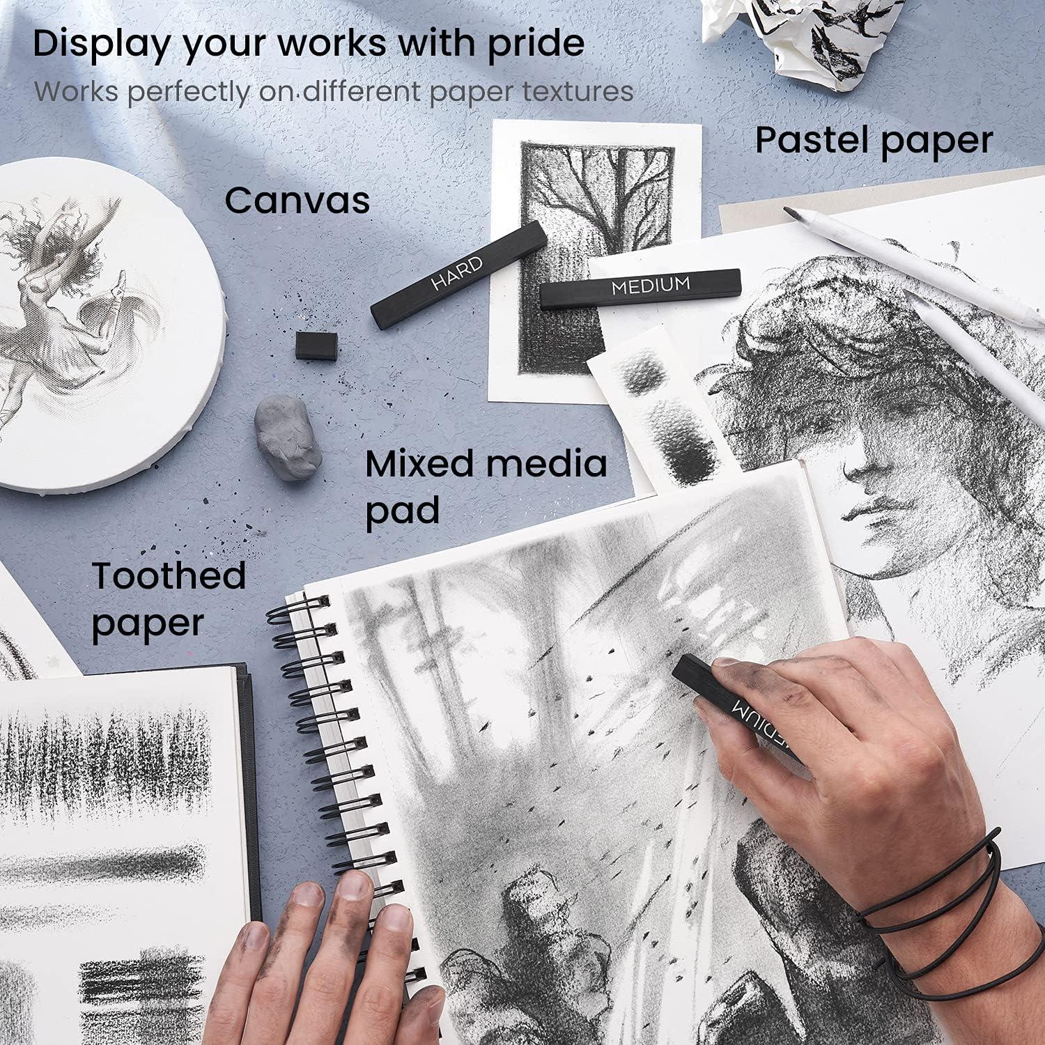 imageARTEZA Compressed Charcoal Sticks Set of 16 Medium and Hard Drawing Crayons for Sketching Shading Line Work in Charcoal Art and Figure Drawing