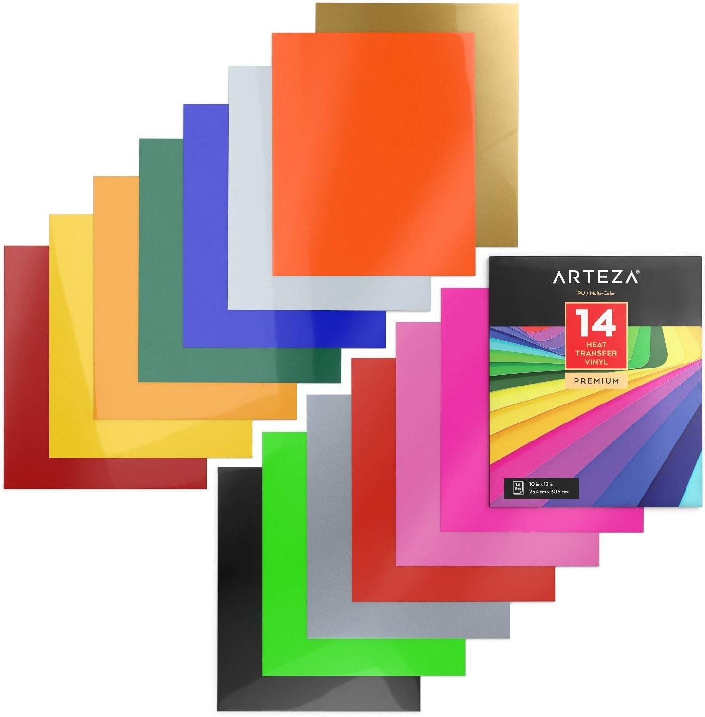 imageARTEZA HTV Vinyl Bundle 14 MultiColor Iron On Heat Transfer Sheets 10x12 Inches Flexible ampamp Easy to Weed Use with Any Craft Cutting Machine Boxed