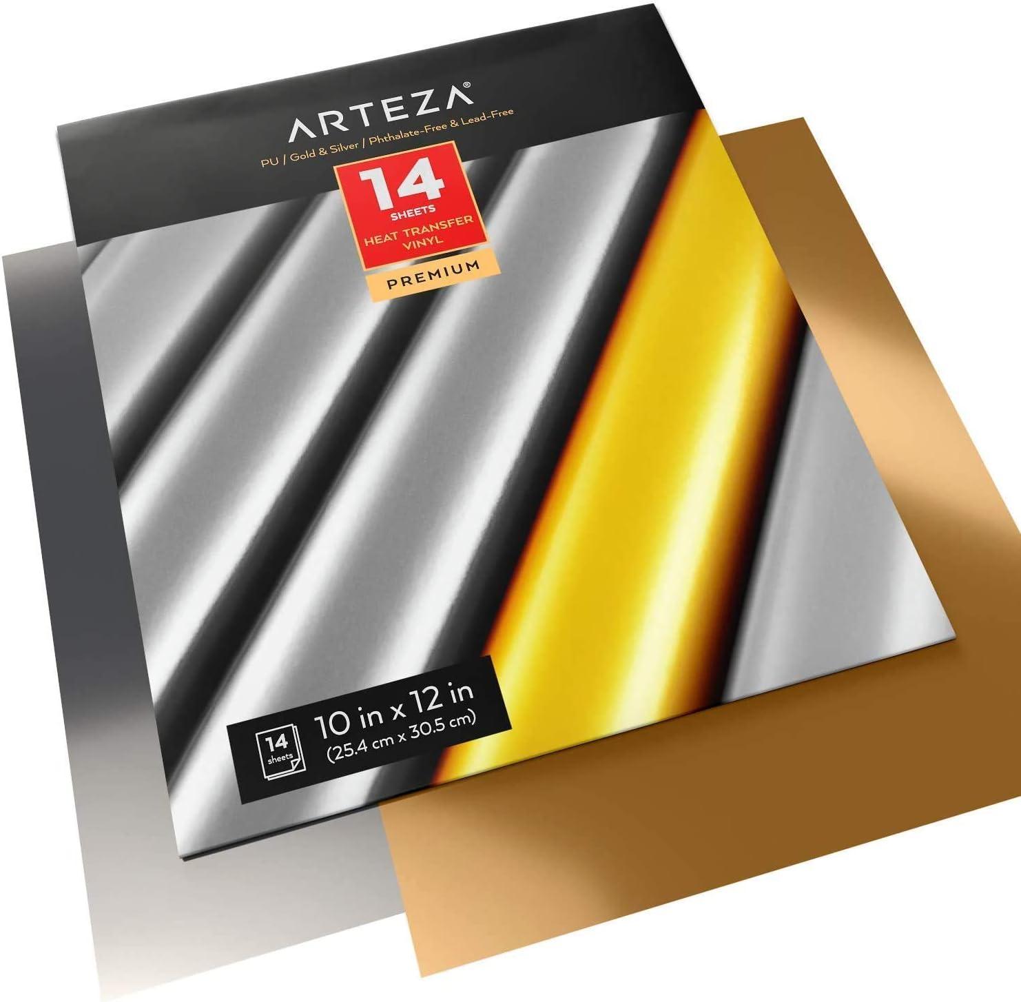 imageARTEZA Heat Transfer Vinyl Sheets 10 x 12 Inches Pack of 14 Metallic 7 Silver 7 Gold Flexible and Easy to Weed HTV for DIY Projects