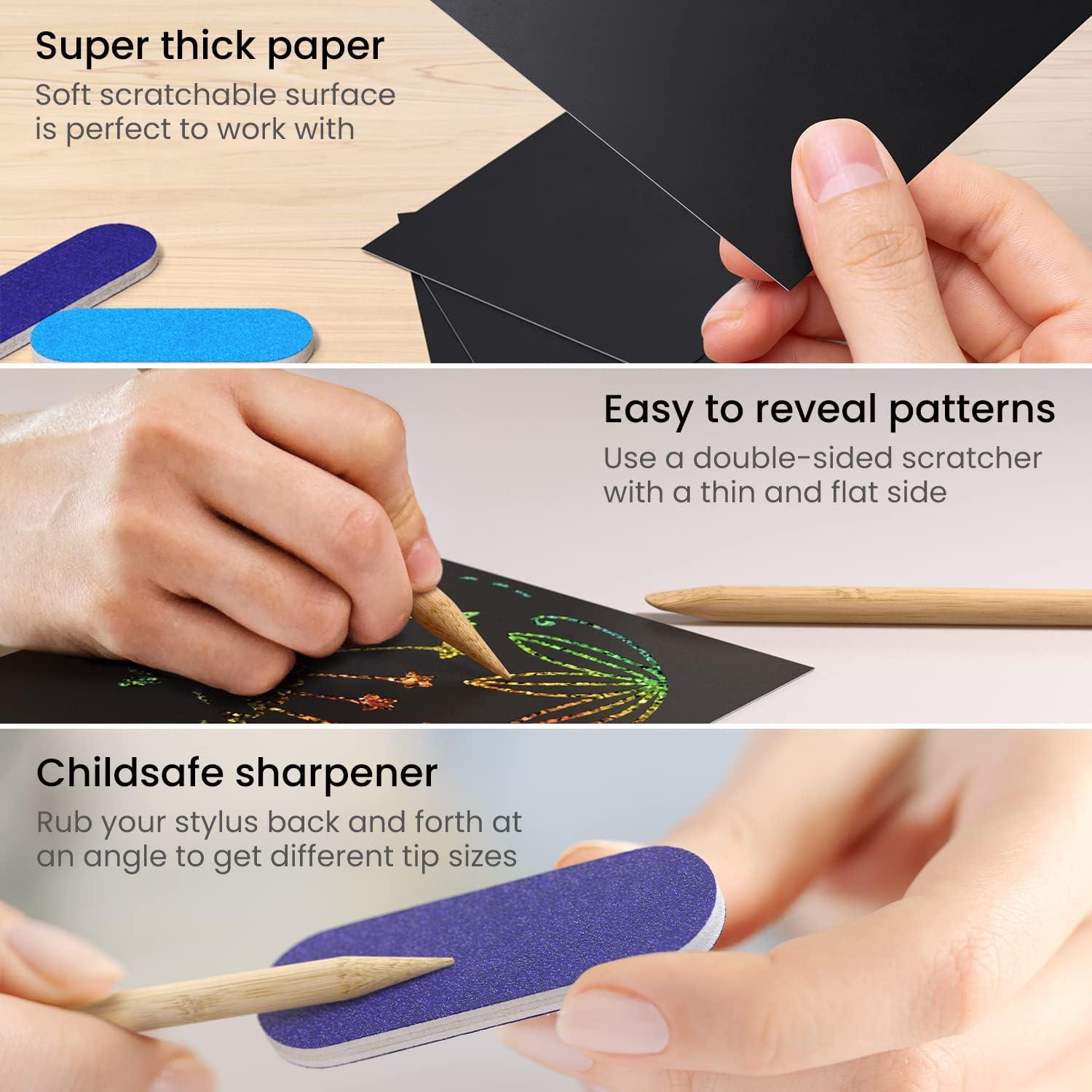 imageARTEZA Scratch Paper Set of 24 Sheets 825 x 11 Inches Kit Includes 24 Rainbow Sheets 2 Scratchers 2 Stencils 2 Post Cards Art Supplies for Craft and DIY Projects
