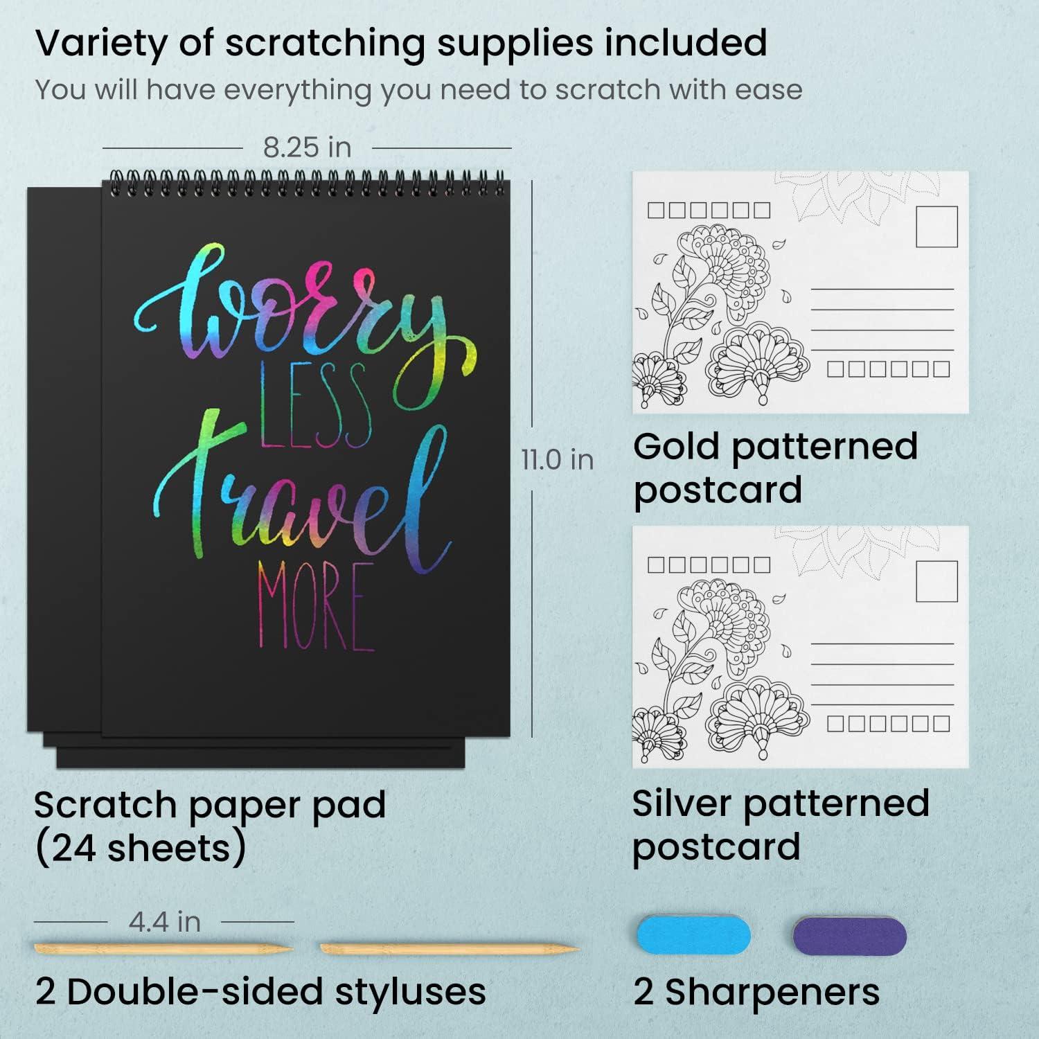 imageARTEZA Scratch Paper Set of 24 Sheets 825 x 11 Inches Kit Includes 24 Rainbow Sheets 2 Scratchers 2 Stencils 2 Post Cards Art Supplies for Craft and DIY Projects