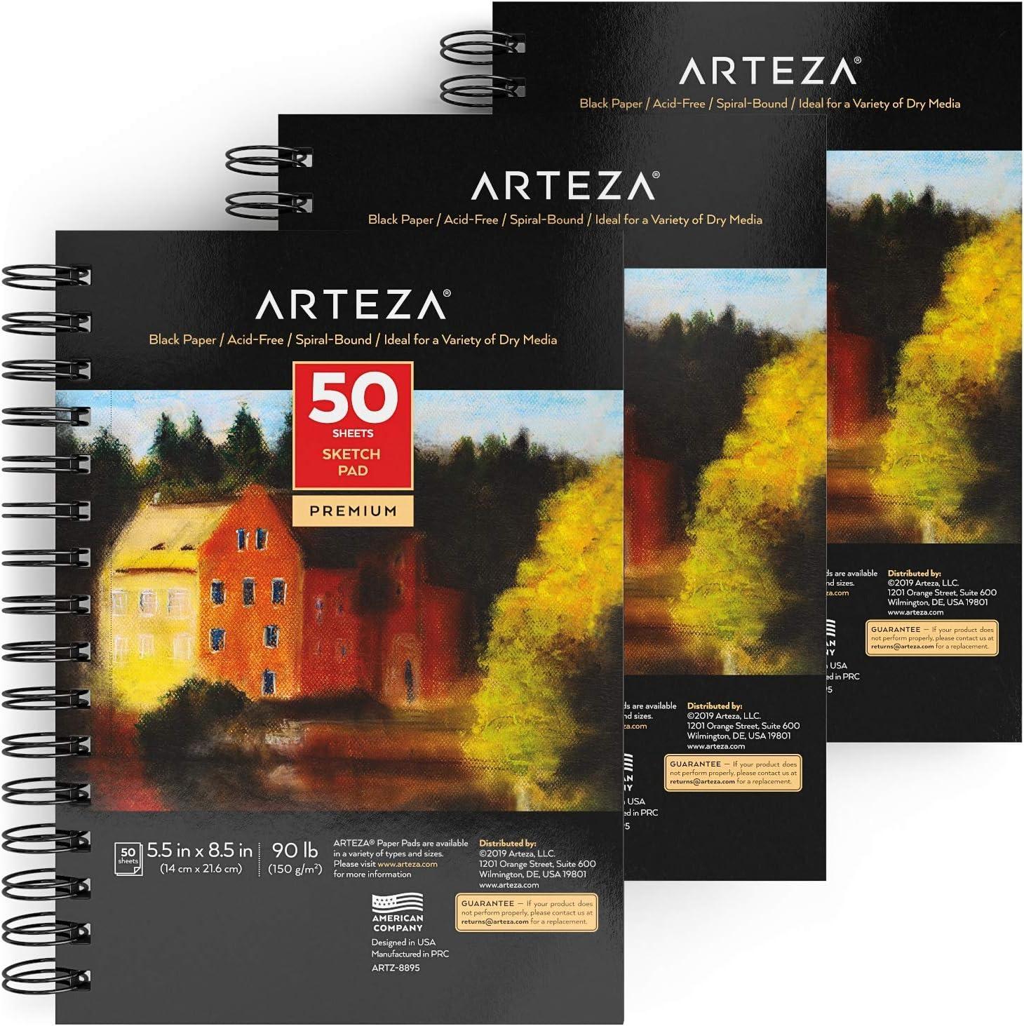 imageARTEZA Spiral Sketch Book 55x85 Black Art Paper Drawing Pad 3 Pack 50 Sheets Sketch Pads for Drawing55x85 inch 3 pack