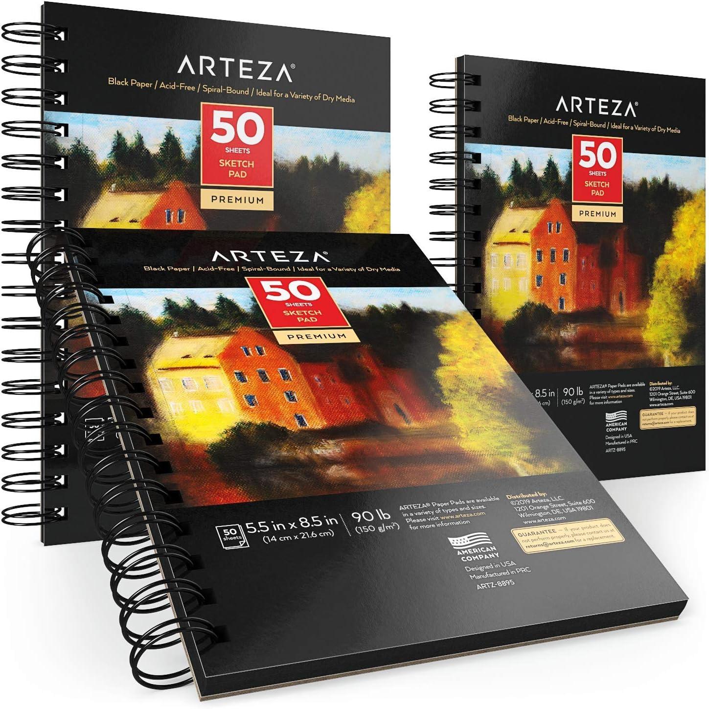imageARTEZA Spiral Sketch Book 55x85 Black Art Paper Drawing Pad 3 Pack 50 Sheets Sketch Pads for Drawing55x85 inch 3 pack