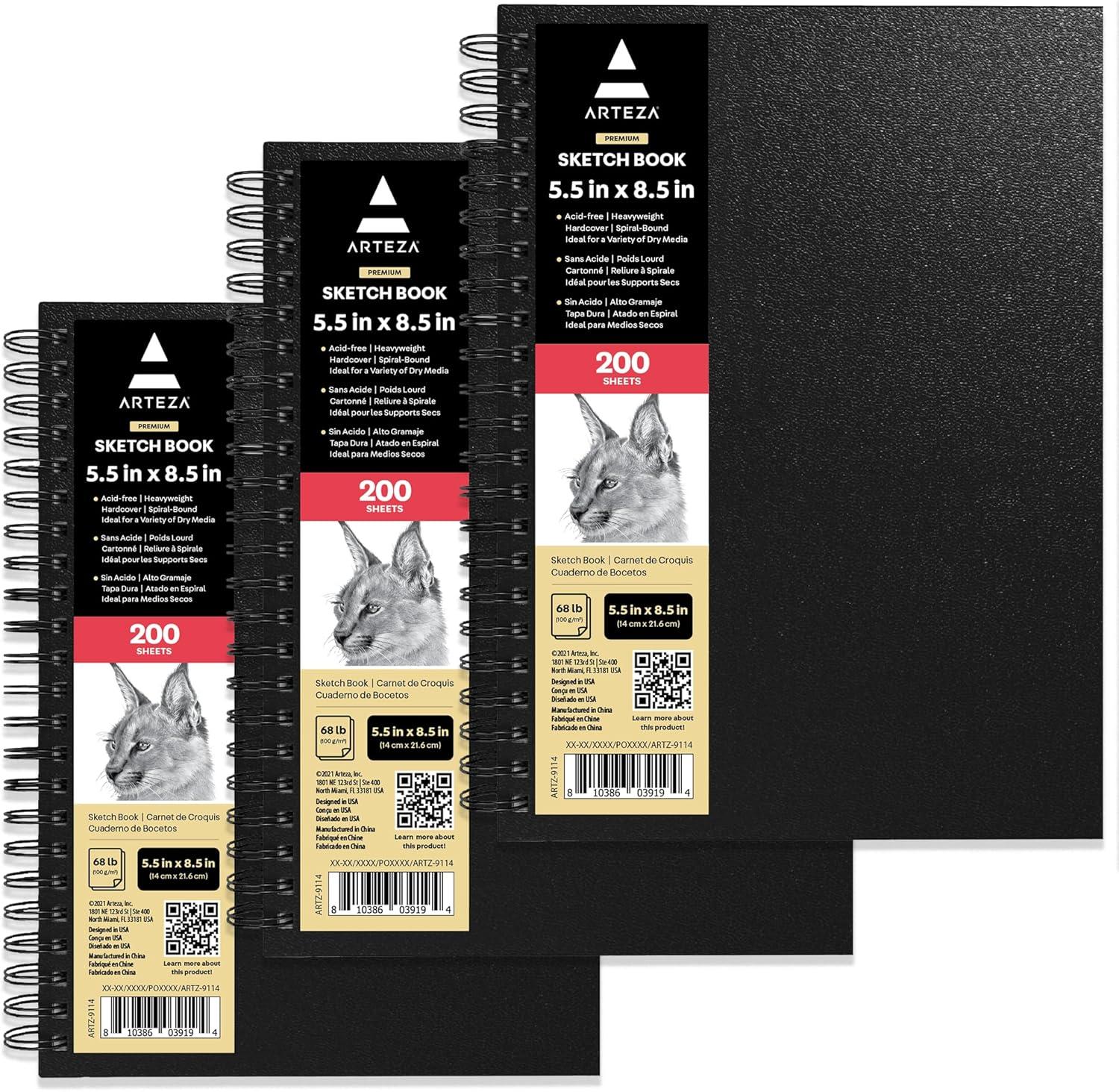 ARTEZA Spiral Sketch Book 5.5×8.5 Drawing Pad 3 Pack 100 Sheets
