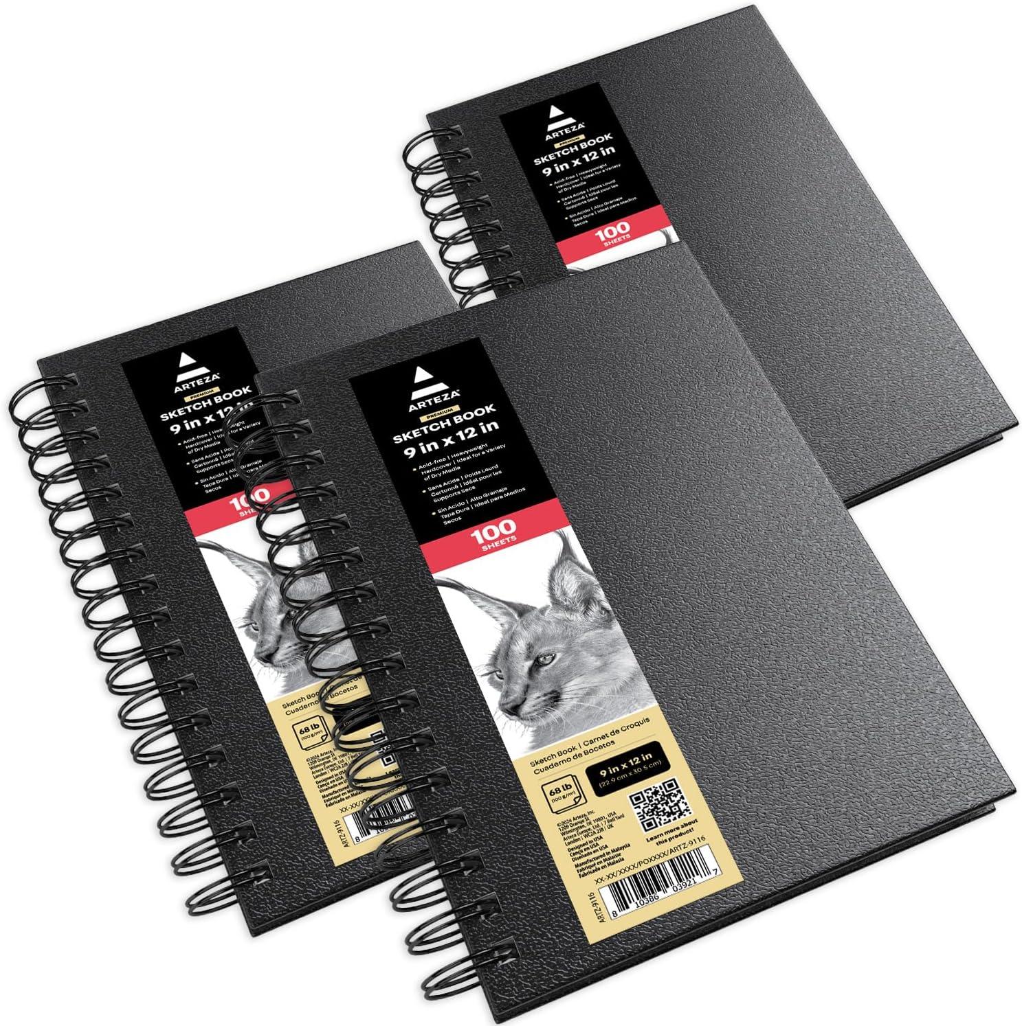 ARTEZA Spiral Sketch Book 5.5×8.5 Drawing Pad 3 Pack 100 Sheets