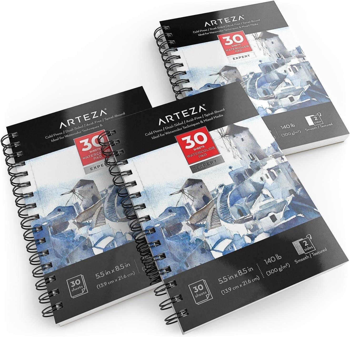imageARTEZA Watercolor Paper Pack of 3 30 Sheets Each 55x85 Inches Water Pad Spiral Bound 140lb300gsm Cold Press Acid Free Art PaperWhite Expert