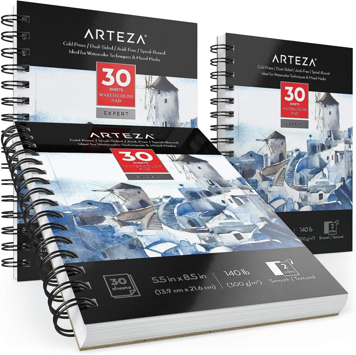 imageARTEZA Watercolor Paper Pack of 3 30 Sheets Each 55x85 Inches Water Pad Spiral Bound 140lb300gsm Cold Press Acid Free Art PaperWhite Expert