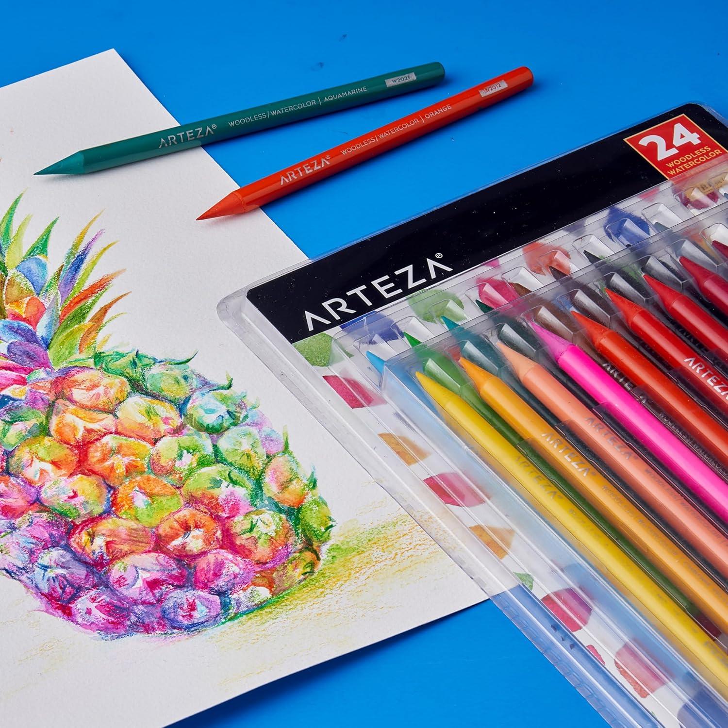 imageARTEZA Woodless Watercolor Pencils 24 Drawing Pencils Colored Pencils Set for Adults Art Supplies for Blending and Layering