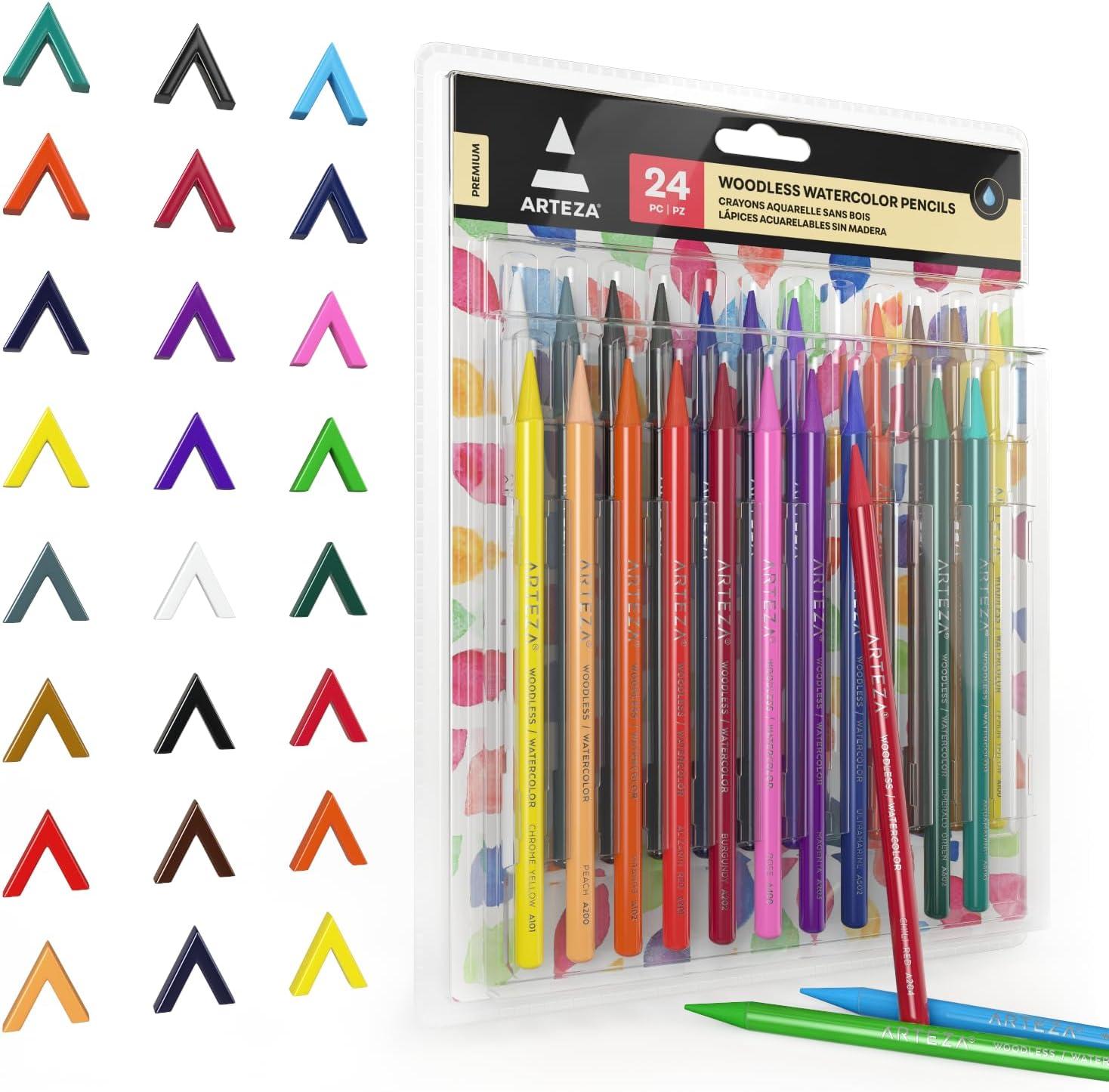 imageARTEZA Woodless Watercolor Pencils 24 Drawing Pencils Colored Pencils Set for Adults Art Supplies for Blending and Layering