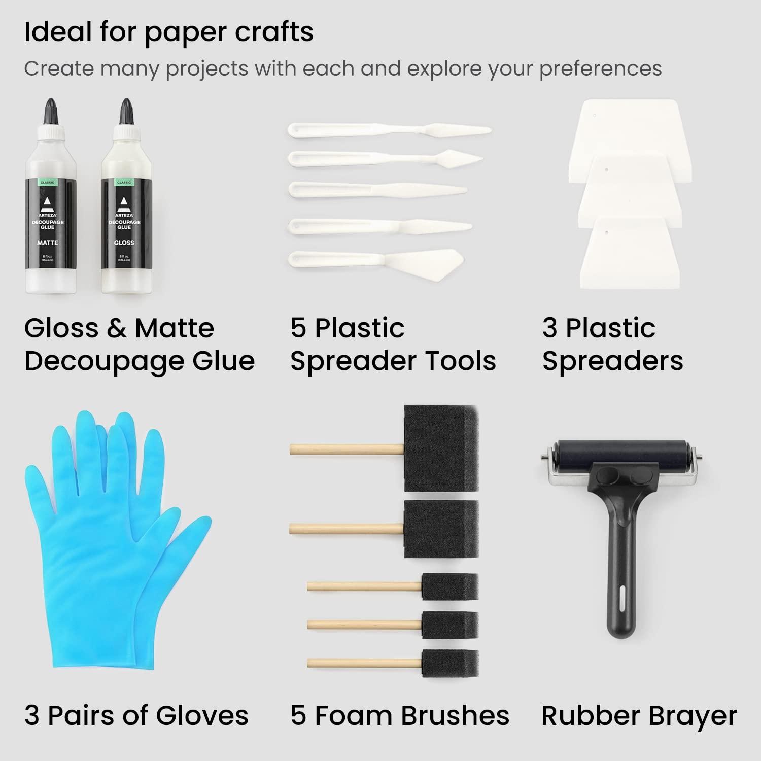 imageArteza Decoupage Glue Refill Kit 1 Gloss and 1 MatteFinish Glue 16oz Bottles 3 Foam Brushes 3 Pairs of Gloves Art Supplies for Decoupaging on Glass and Furniture with Fabric and Tissue PaperCraft Kit