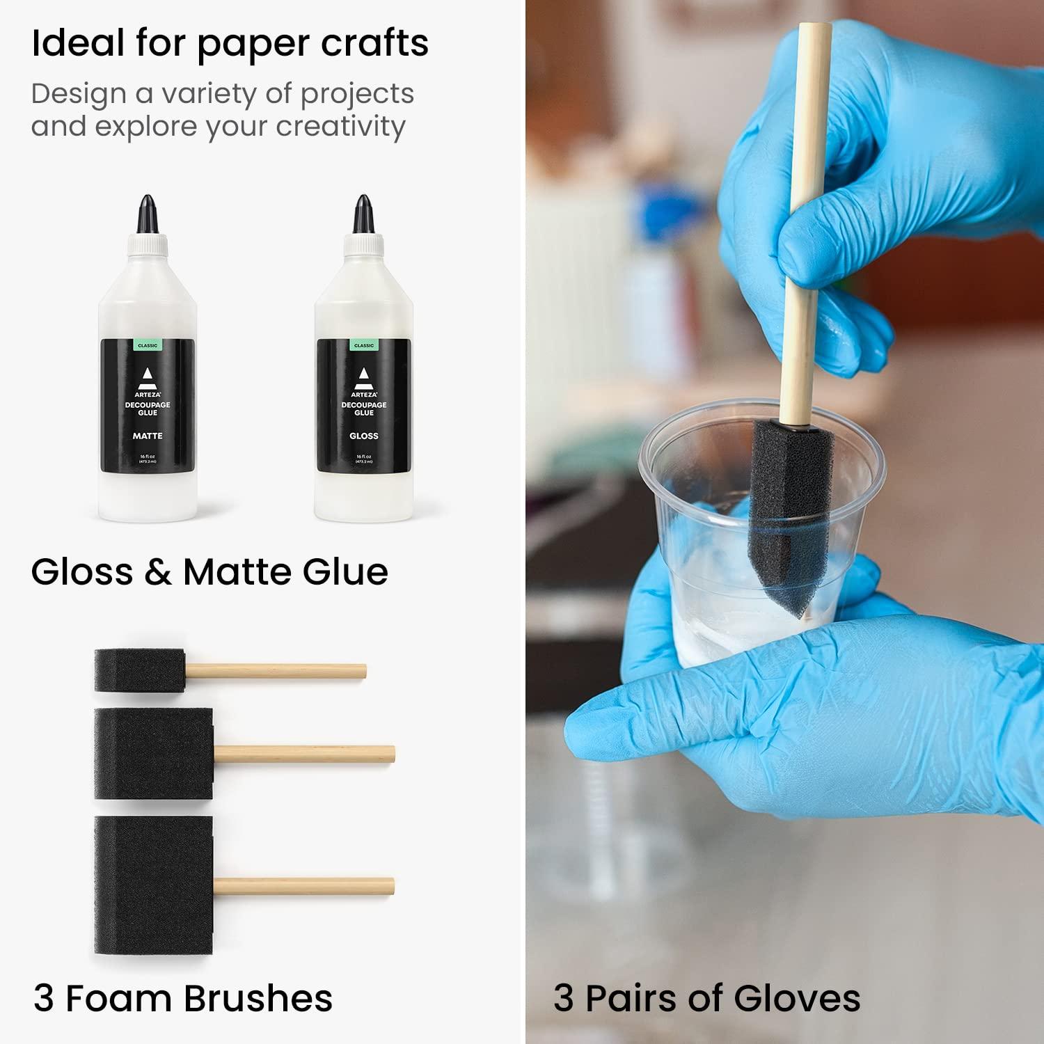 imageArteza Decoupage Glue Refill Kit 1 Gloss and 1 MatteFinish Glue 16oz Bottles 3 Foam Brushes 3 Pairs of Gloves Art Supplies for Decoupaging on Glass and Furniture with Fabric and Tissue PaperRefill Kit