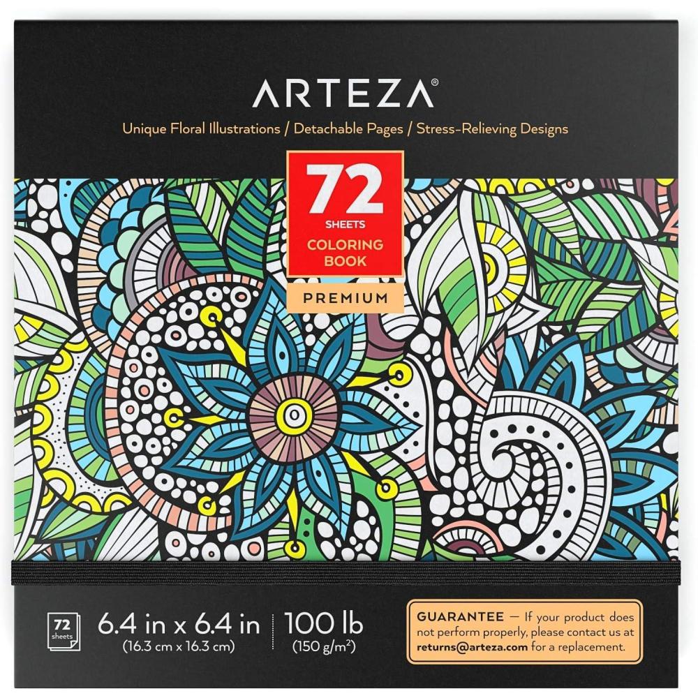 imageARTEZA Adult Coloring Book Mandala Designs 72 Sheets 64x64 Inches Coloring Pages 100 lb PaperFloral Illustrations