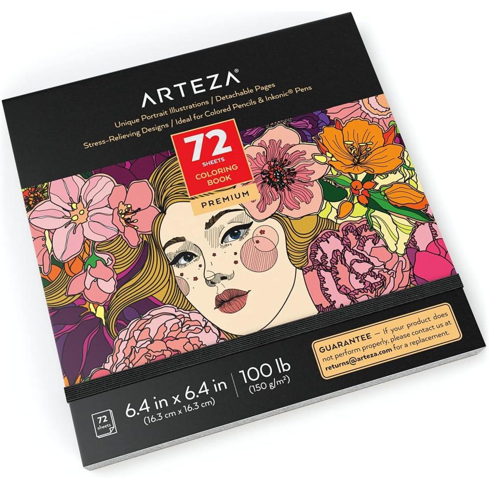imageARTEZA Adult Coloring Book Mandala Designs 72 Sheets 64x64 Inches Coloring Pages 100 lb PaperPortrait Designs
