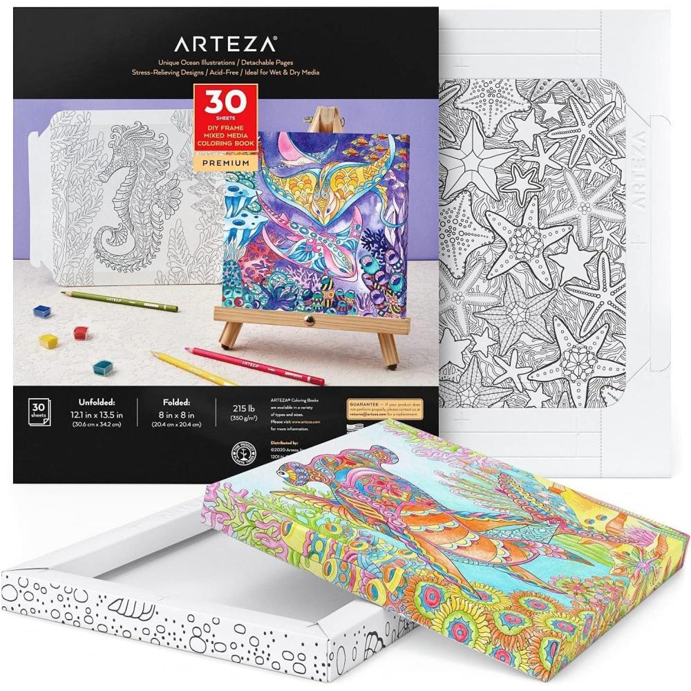 imageARTEZA Adult Coloring Book Ocean Illustrations 30 Sheets 121x135 Inches DIY Coloring Pages Fold into 8x8 Inches Frames 215 lb Paper204 x 204
